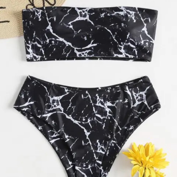 I2CRAZY Black White Marble Bikini Women High Waisted Swimsuit Two Piece NWT - Picture 5 of 6